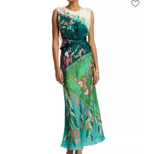 Floral Saloni Gwen Silk Satin Sleeveless Dress with Tie Waist US 4, UK 8
